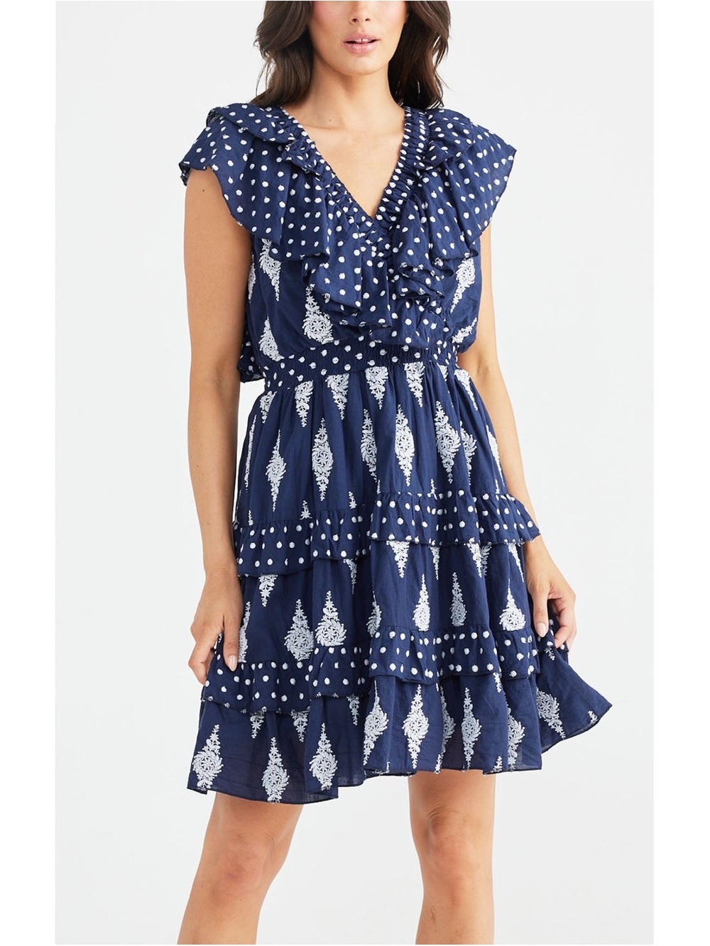 Talisman Label Australia Sz L Cotton Navy Embroidered Ruffle Dress